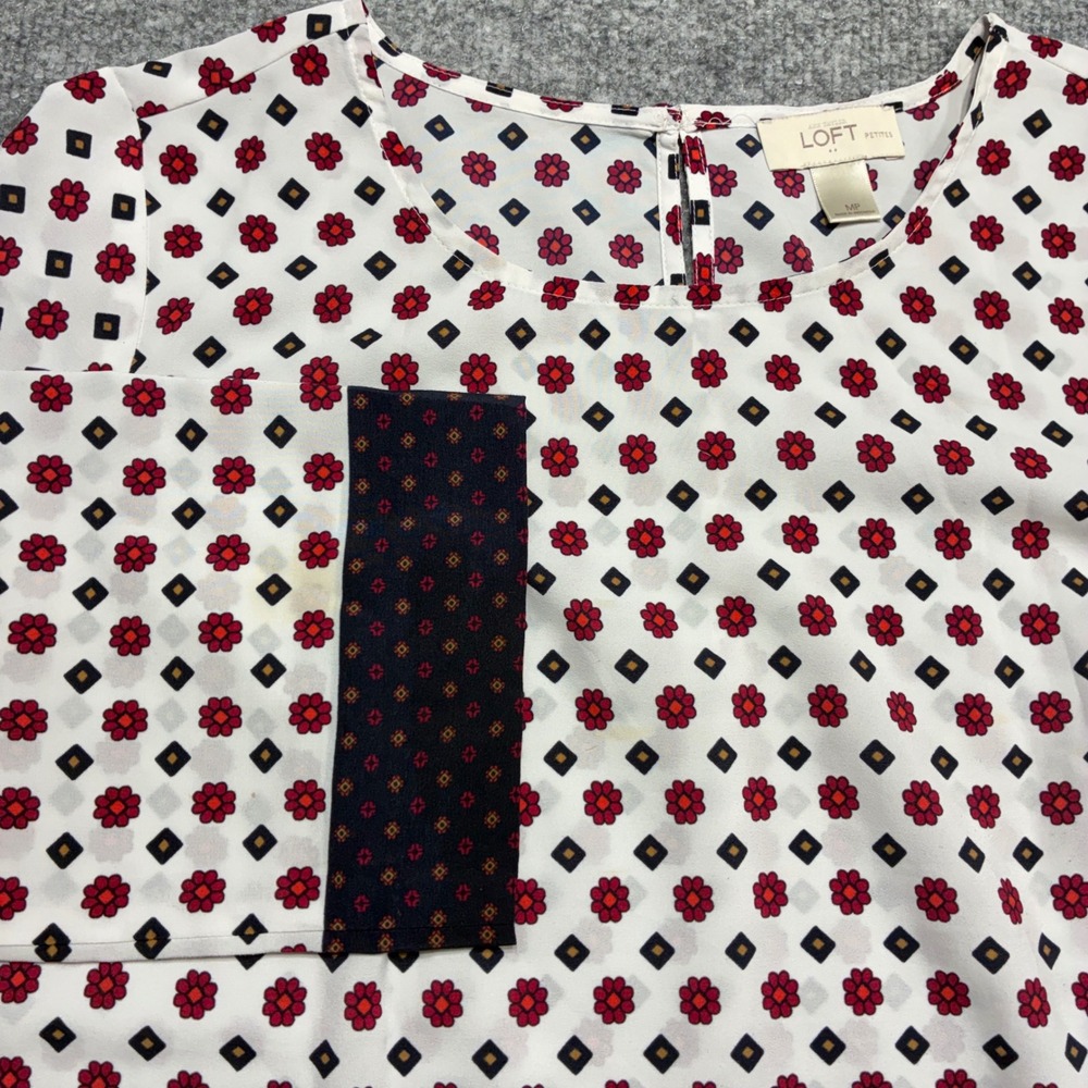 Ann Taylor LOFT Petite Blouse Womens‎ Sz.MP White Red Floral Print 3/4 Sleeves